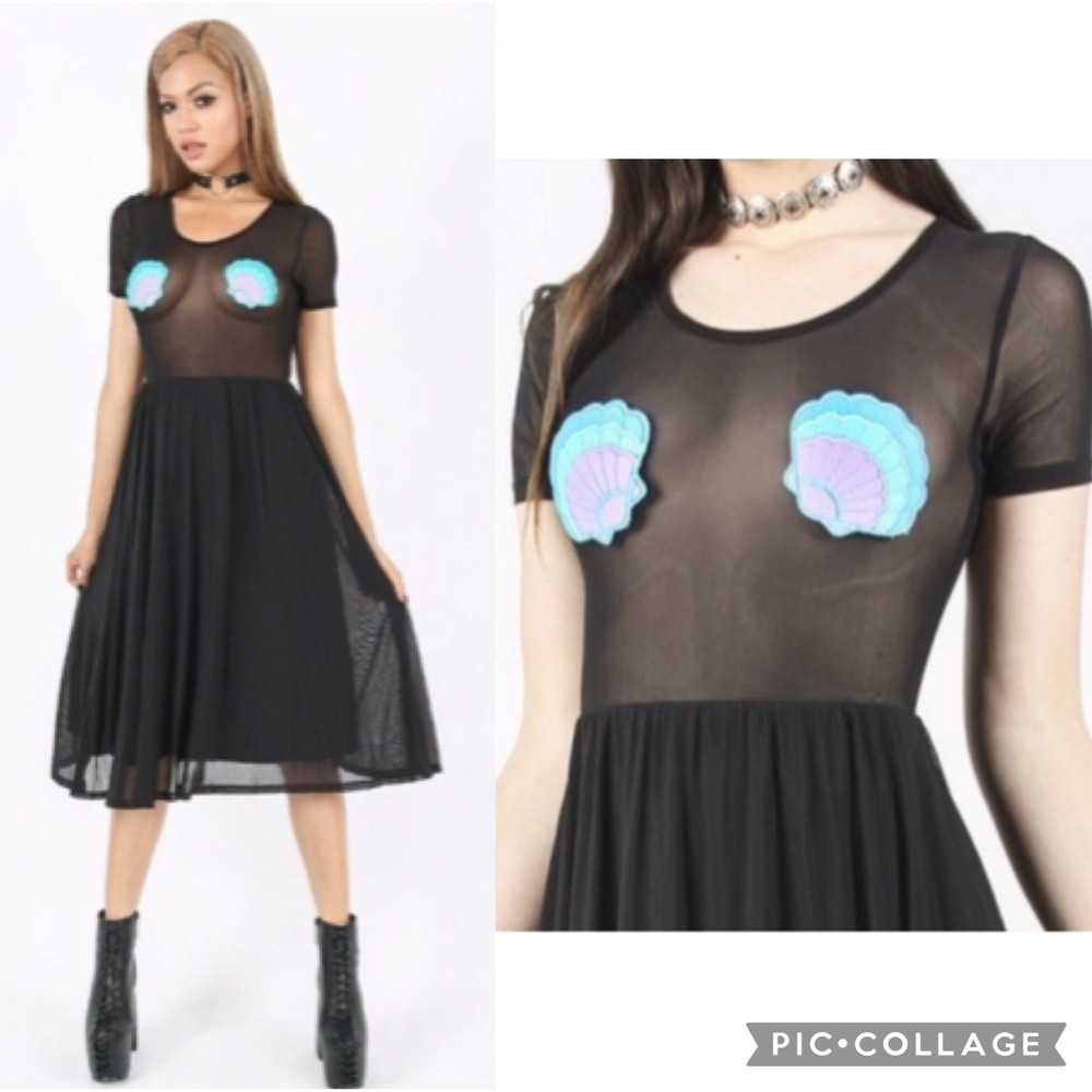 NEW! Iron Fist Mermaid For Life Sheer Black Midi Dress Size LARGE Blue Seashells